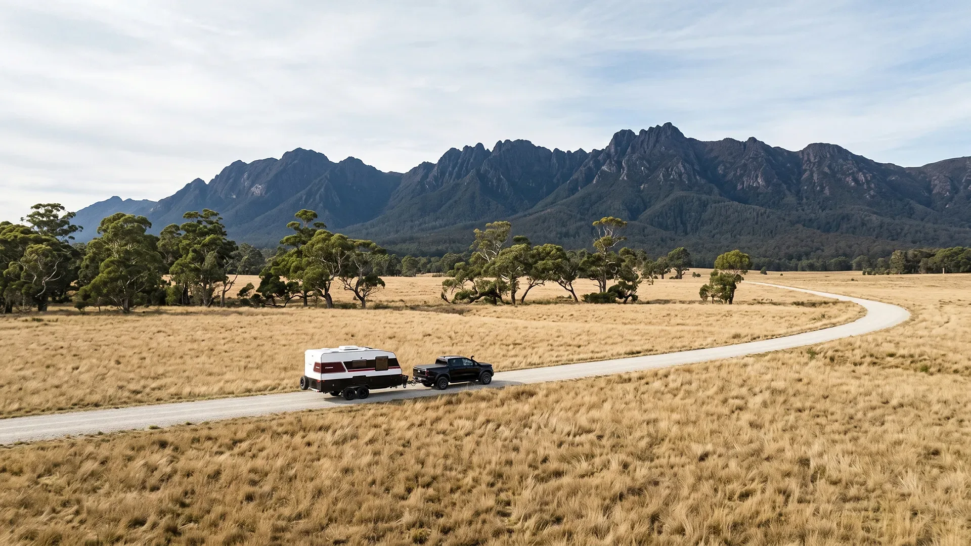 Remote camp, dusk, van alone in the frame