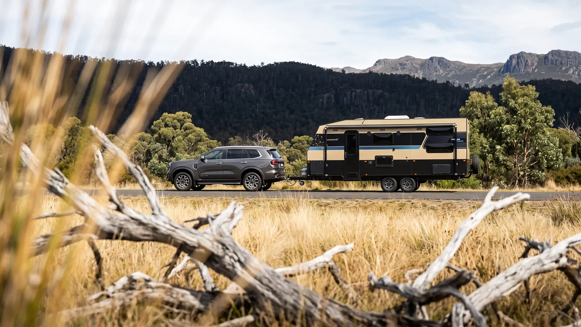 Touring Terrain caravan at camp at dusk
